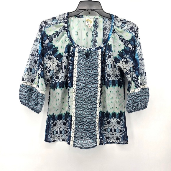 fig and flower Tops - Fig and Flower Blue Green Tie Dye Floral Lace Trim Peasant Blouse Top Medium